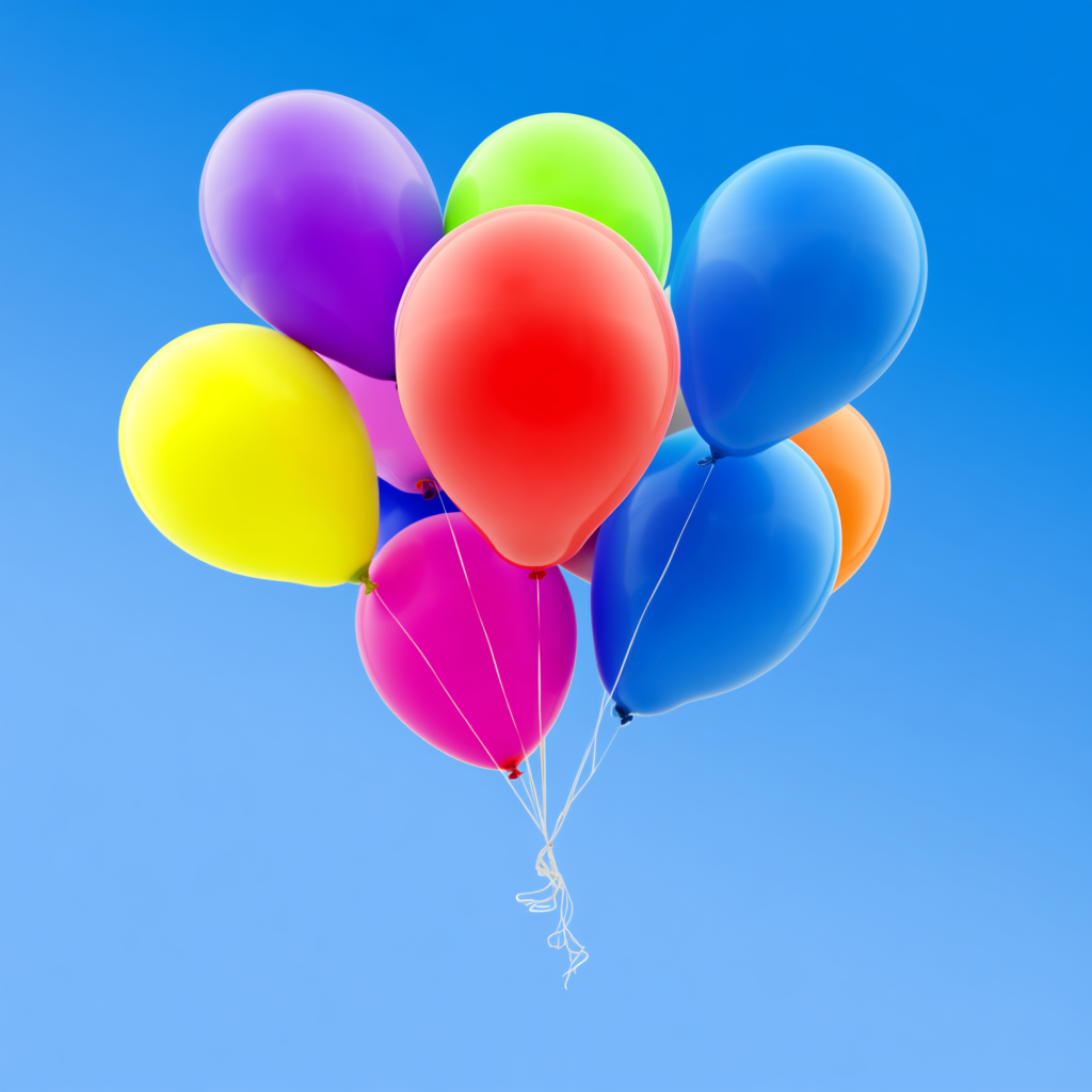 Exactly 11 colorful balloons floating against a clear blue s