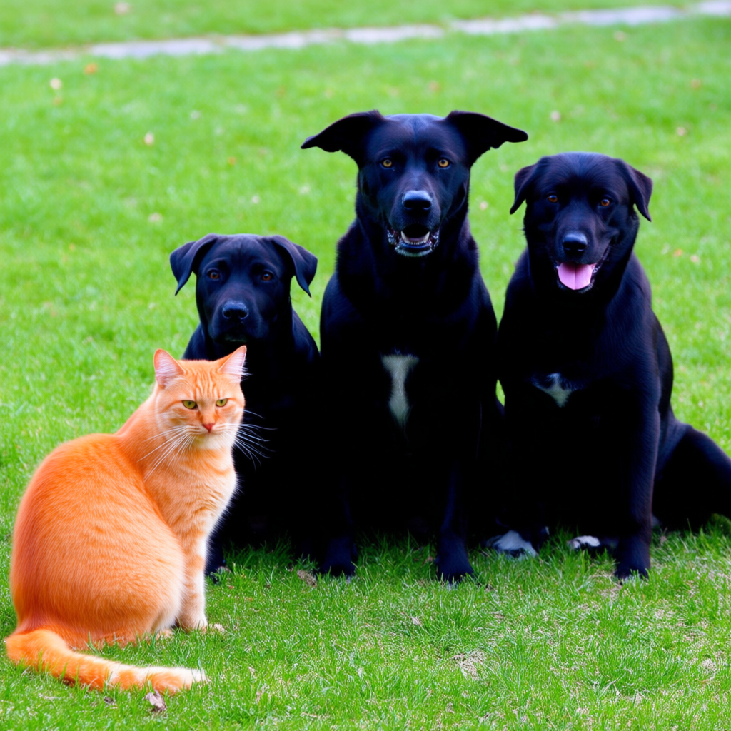 2 orange cats and 3 black dogs sitting together on a grassy 