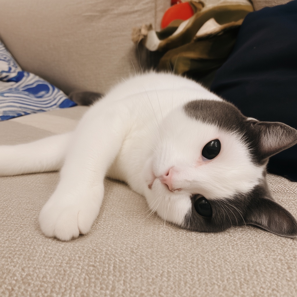 A cat lying on a couch without a collar