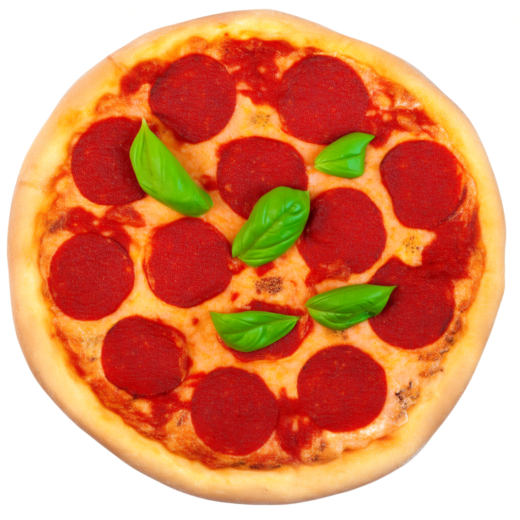 A pepperoni pizza with tomato sauce, basil, and crust but ab