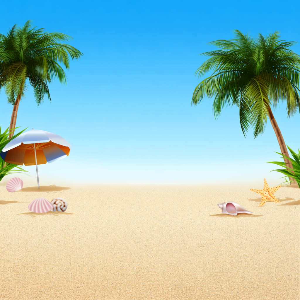 A sandy beach with palm trees, seashells, and a beach umbrel