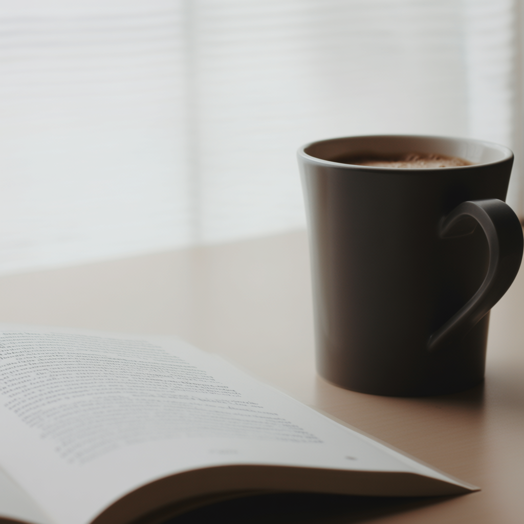 A coffee mug next to an open book on a desk