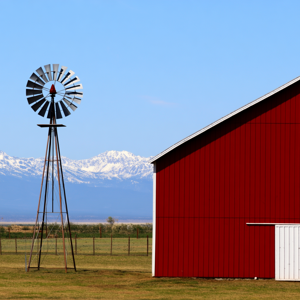 A landscape with a red barn in the foreground at large scale