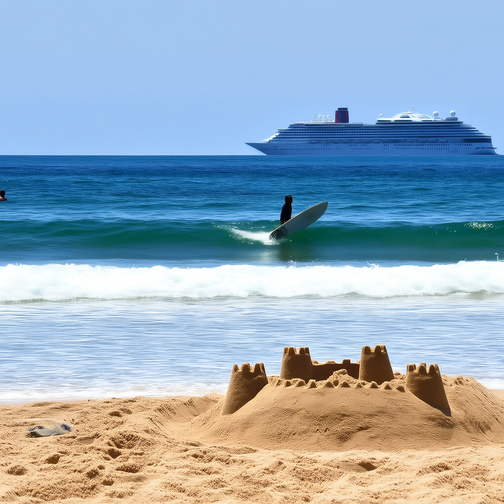 A beach scene with a sandcastle in the foreground, a surfer 
