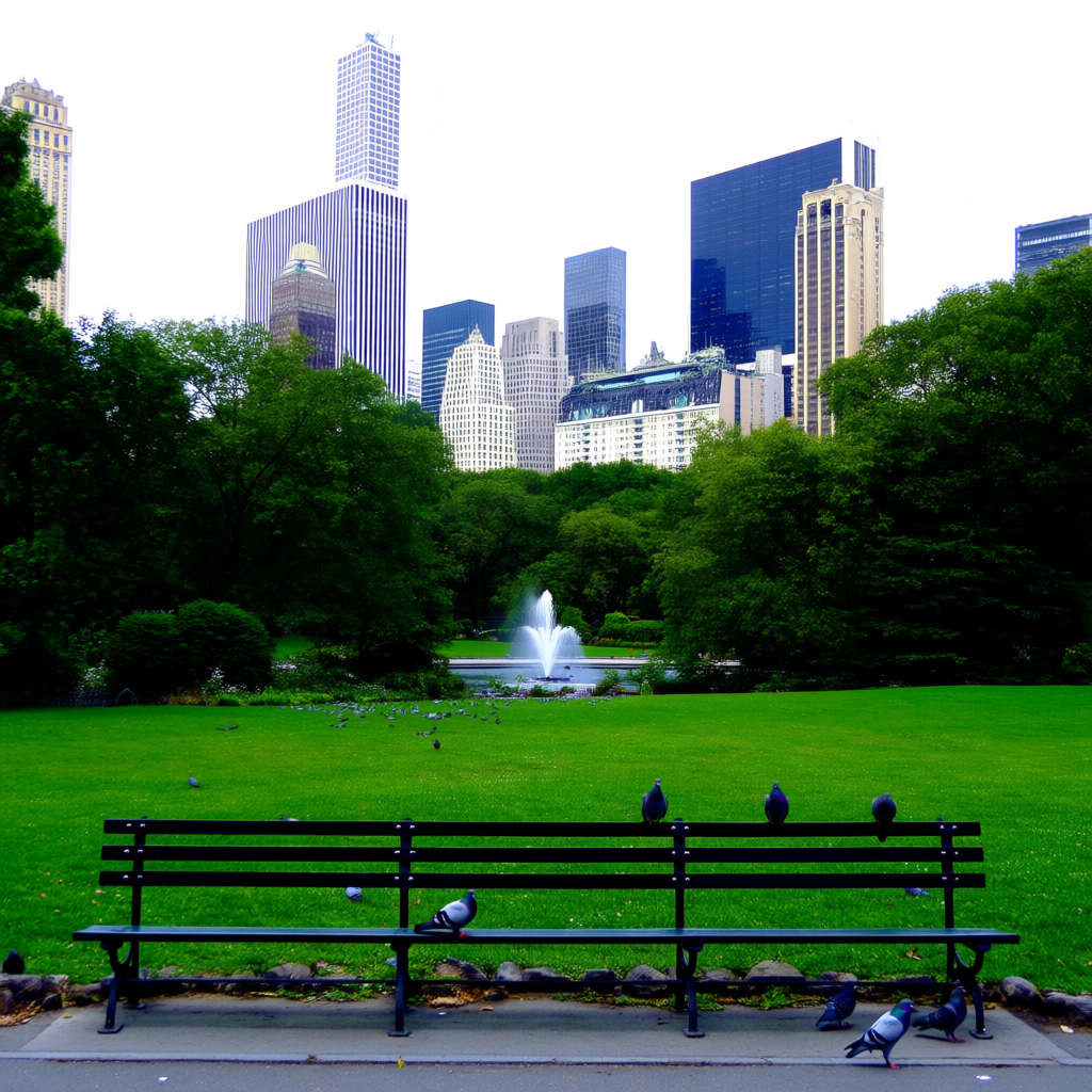 A city park with a park bench and pigeons in the foreground,