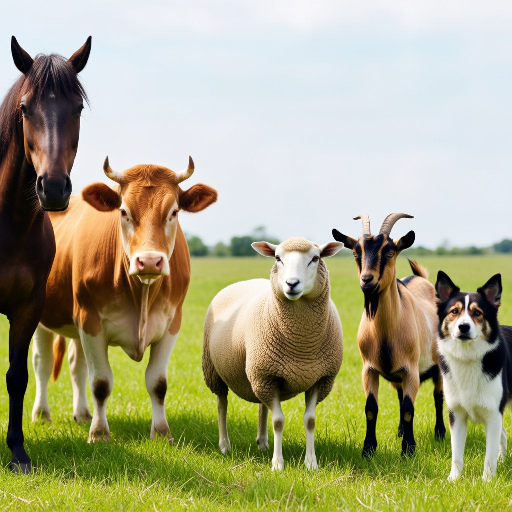 Five animals in a field: a horse on the far left, a cow to t