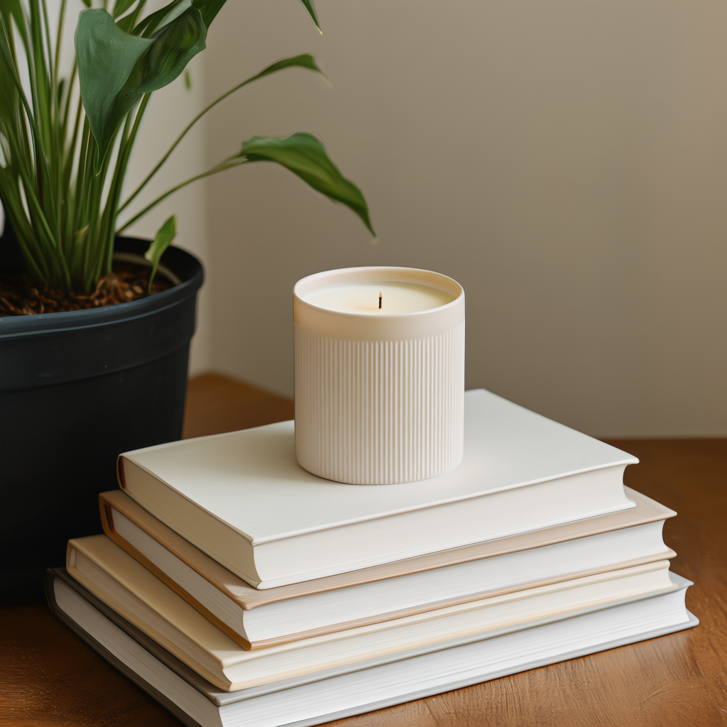 A candle on top of a stack of books, the books next to a pot