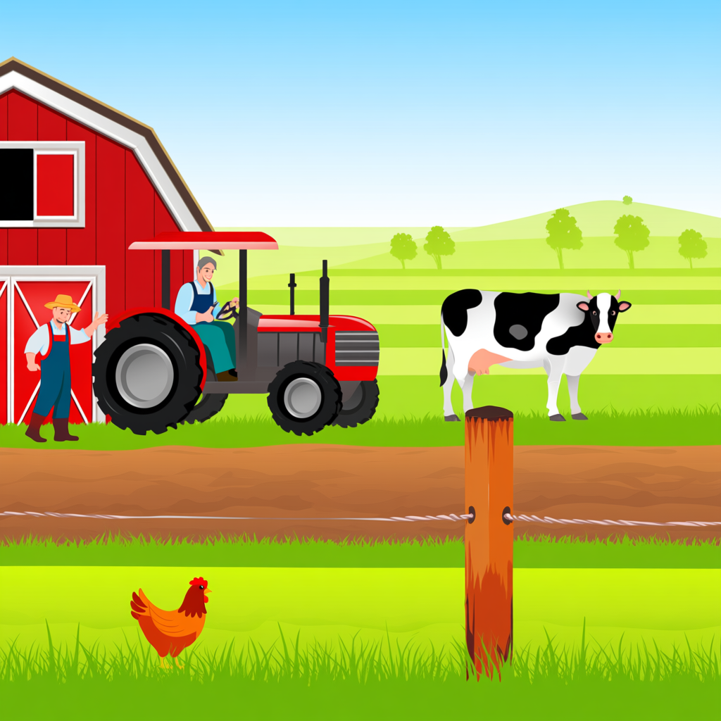 A farm scene with a barn, tractor, farmer, cow, chicken, and