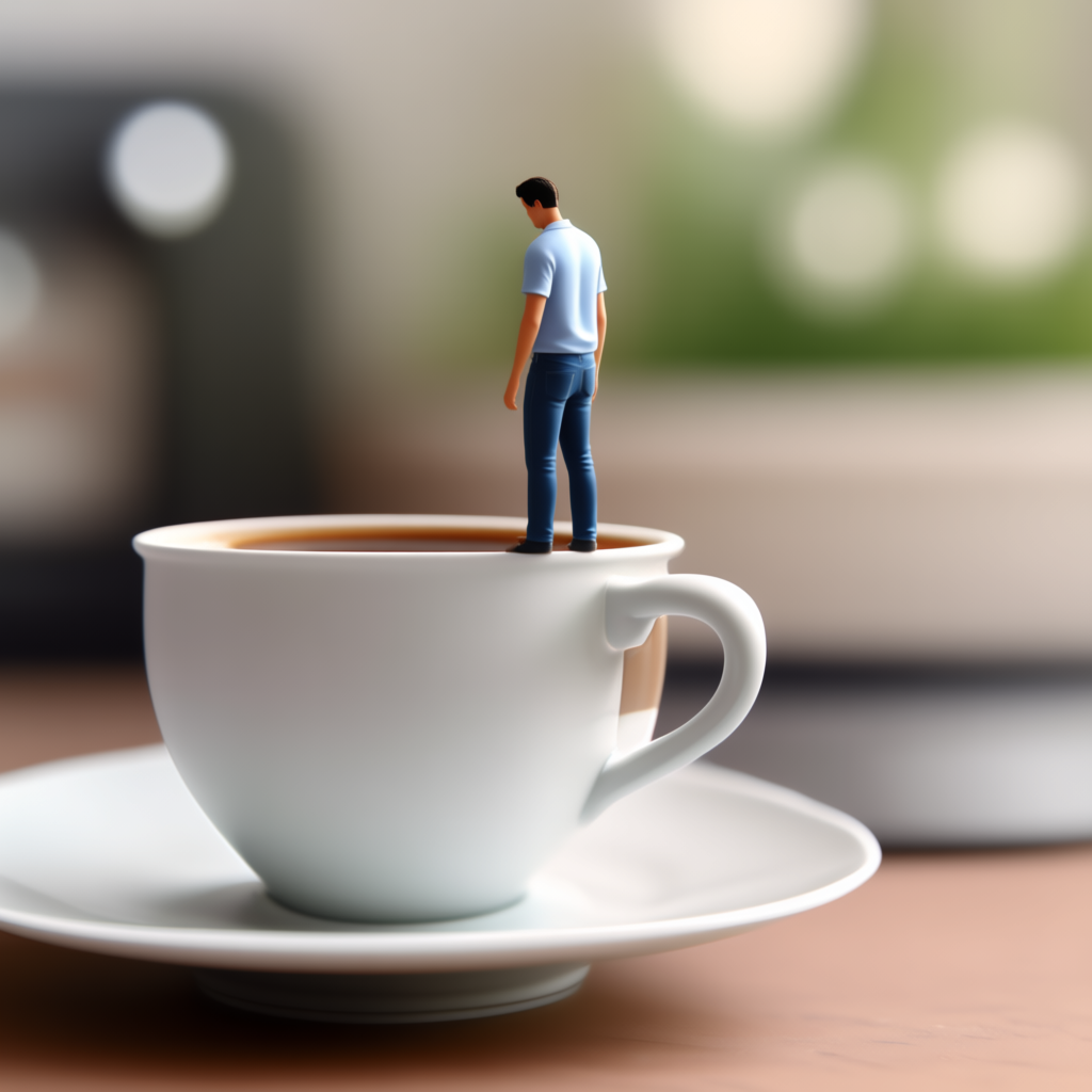 A tiny person standing on the rim of a coffee cup, looking d