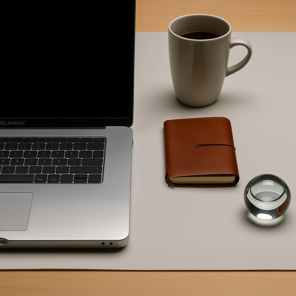 A workspace desk with a brushed aluminum laptop, a leather-b