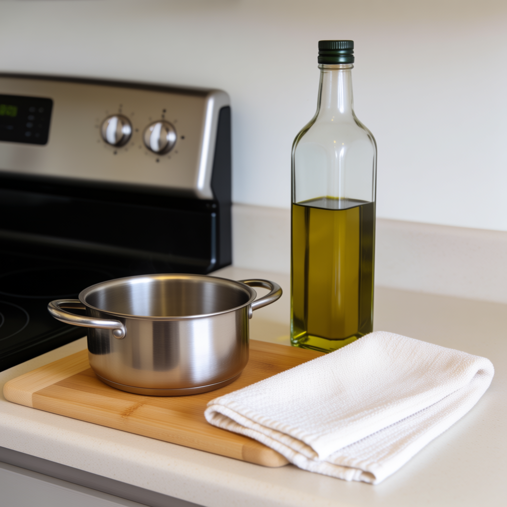 A kitchen counter with a stainless steel pot, a wooden cutti