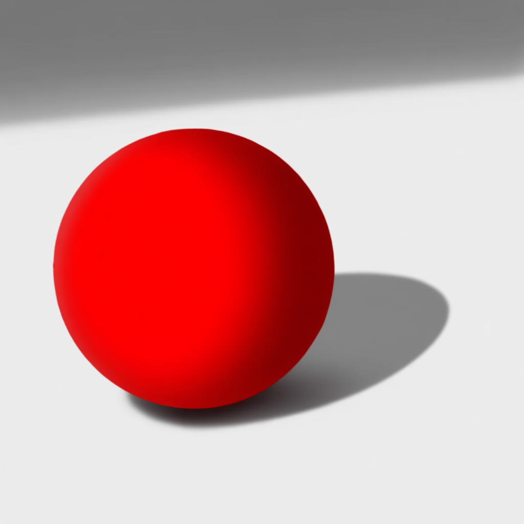 A red sphere on a white surface with a single shadow cast to