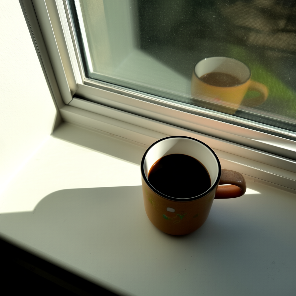 A coffee mug on a sunny windowsill casting a sharp shadow to