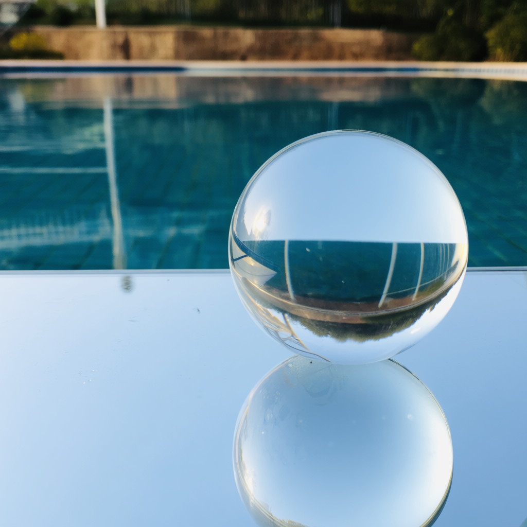 A clear glass sphere sitting on a mirror surface near a pool