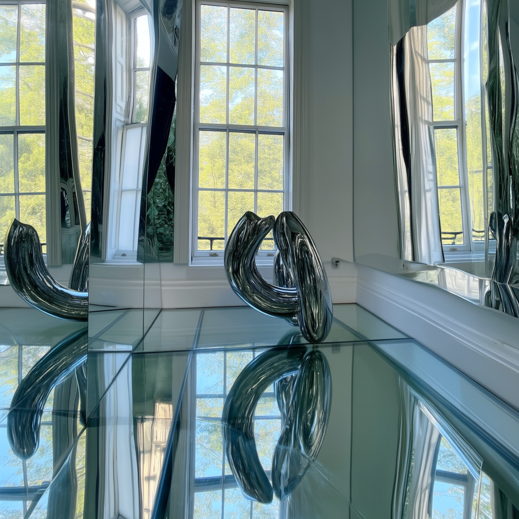 A chrome sculpture in a room with a glass floor and large wi