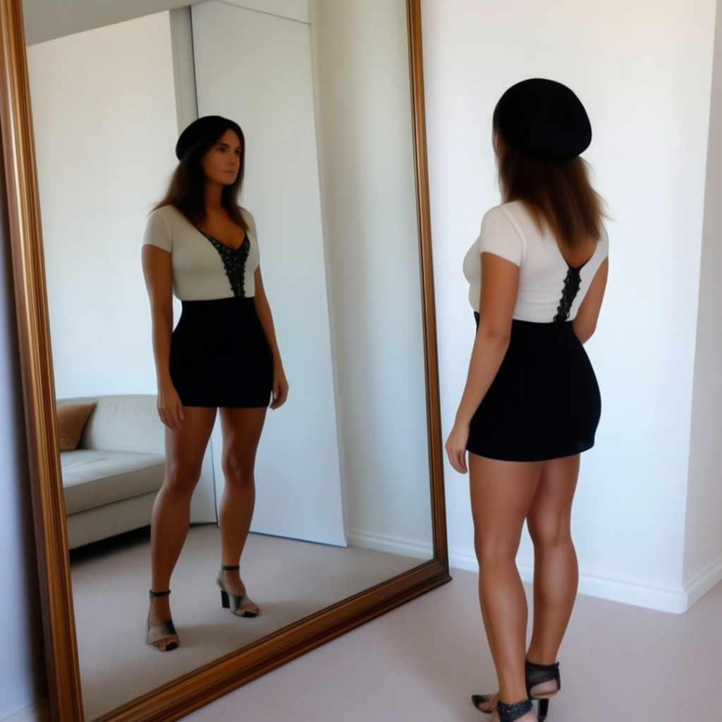 A woman standing in front of a full-length mirror, her refle