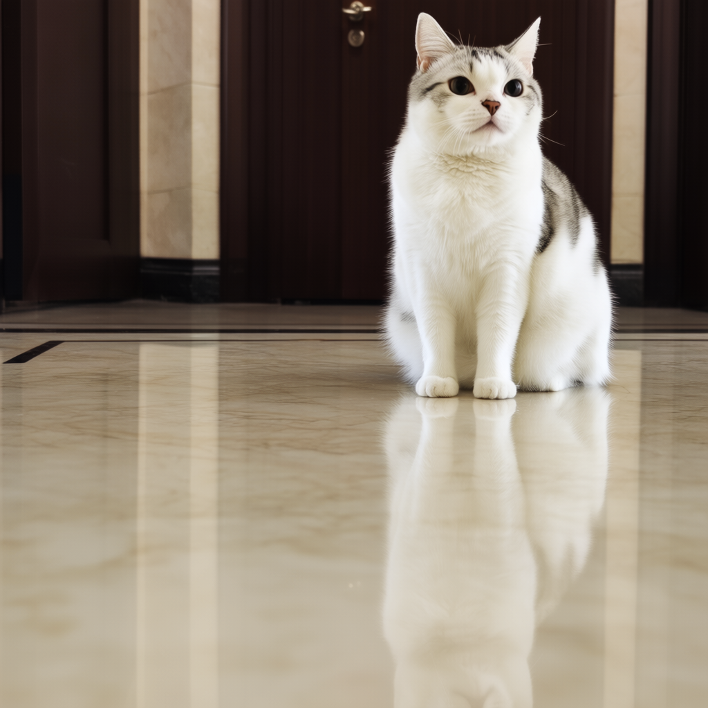 A cat sitting on a polished marble floor with its reflection