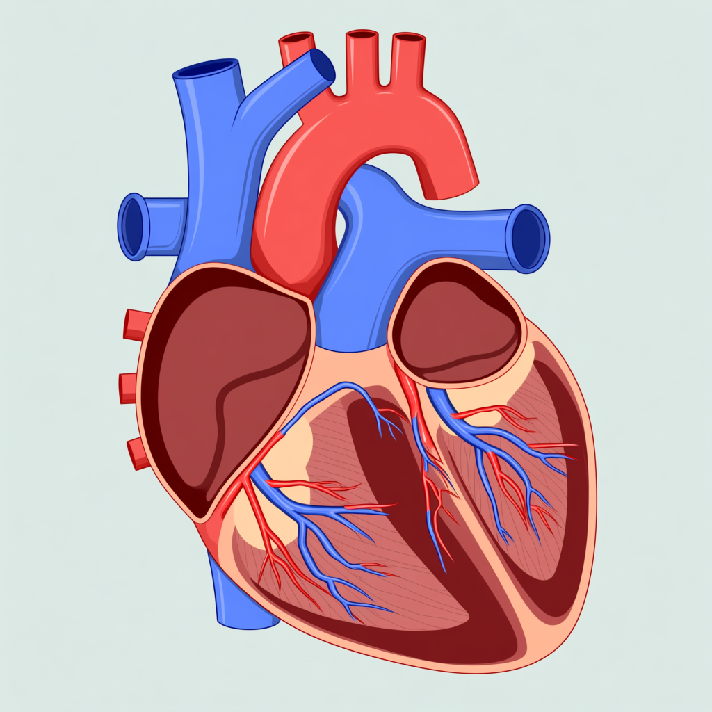 An anatomical illustration of the human heart showing four c