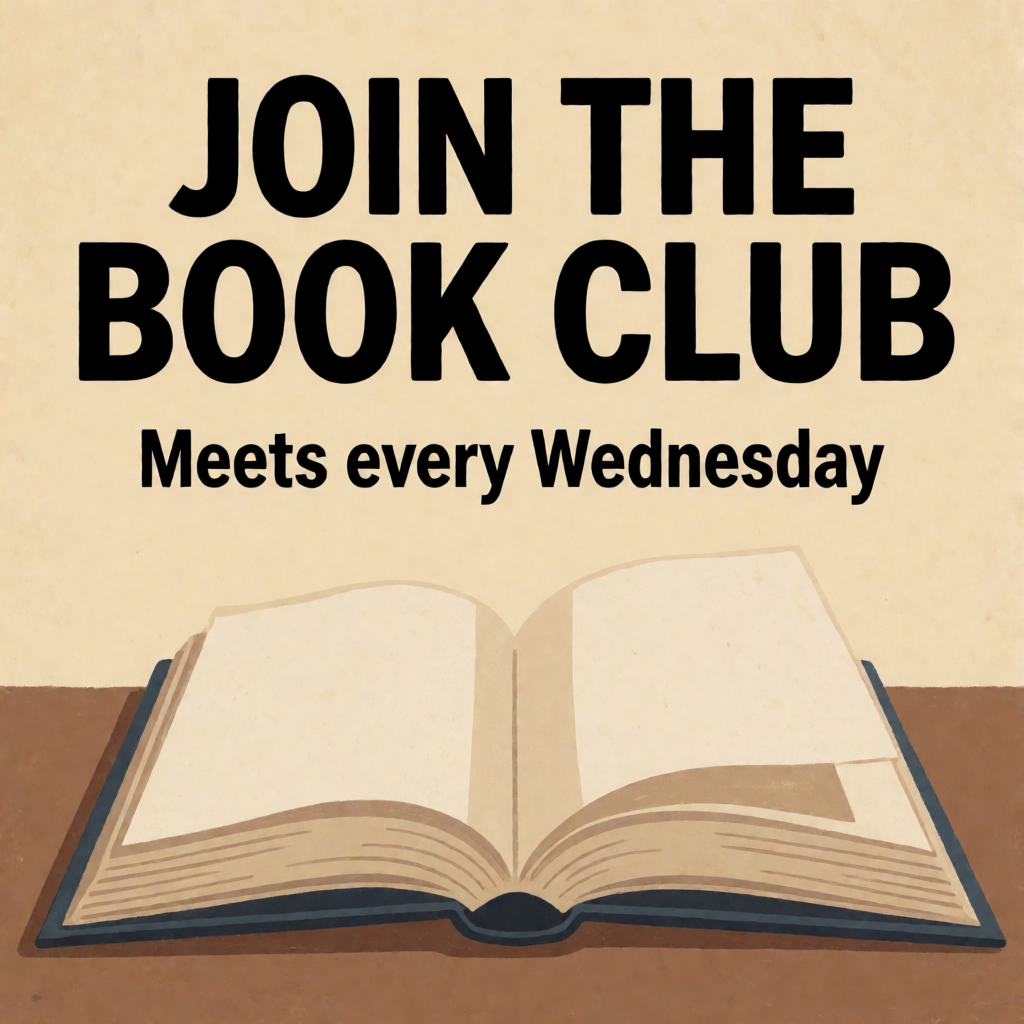 A book club poster with an open book illustration, the title