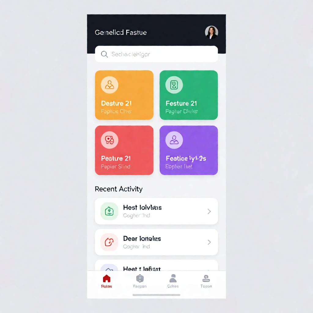 A mobile app UI mockup showing a dashboard with a top naviga