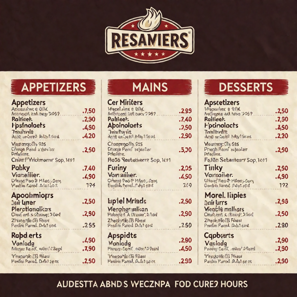 A restaurant menu layout with a logo header, three category