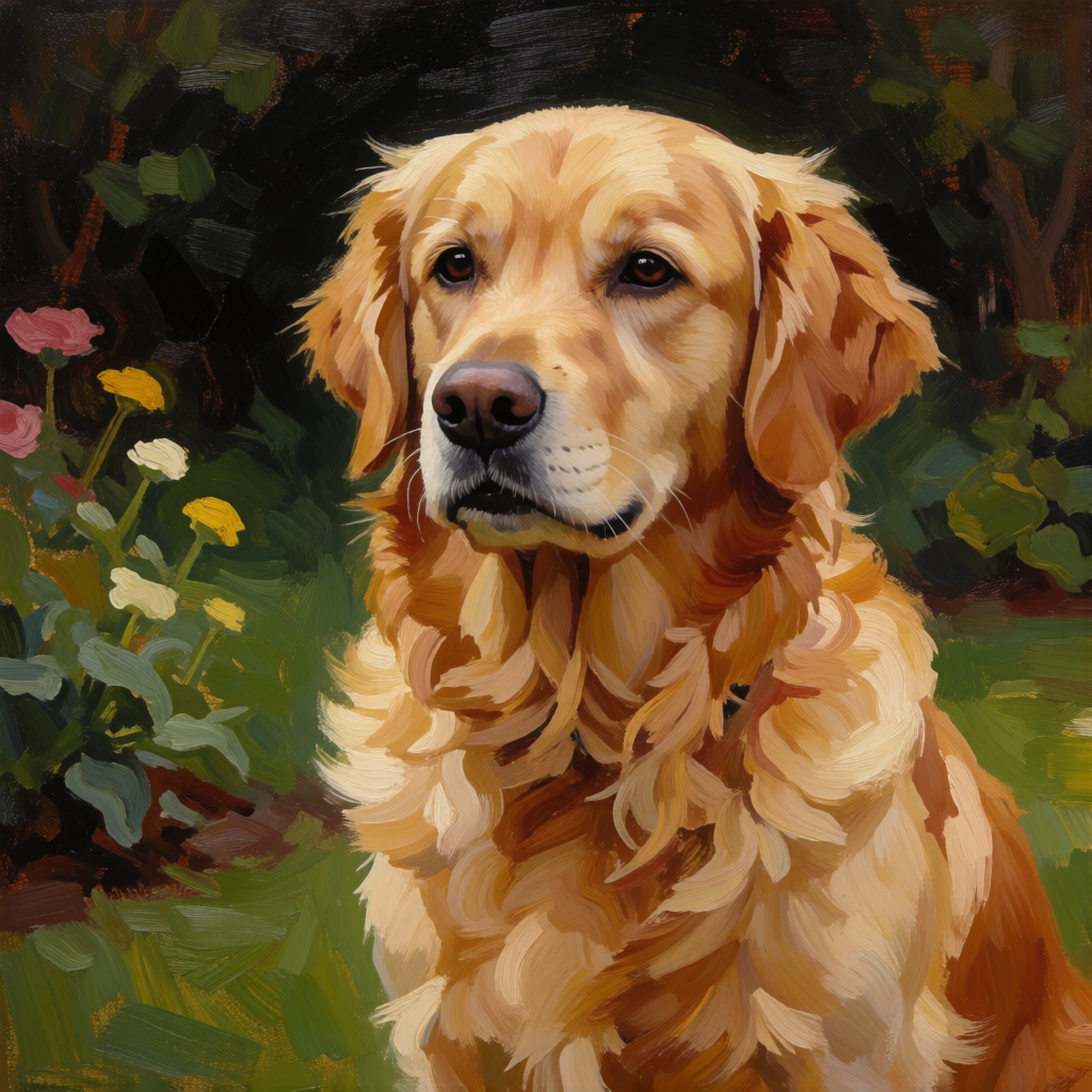 A golden retriever sitting in a garden, painted in the style