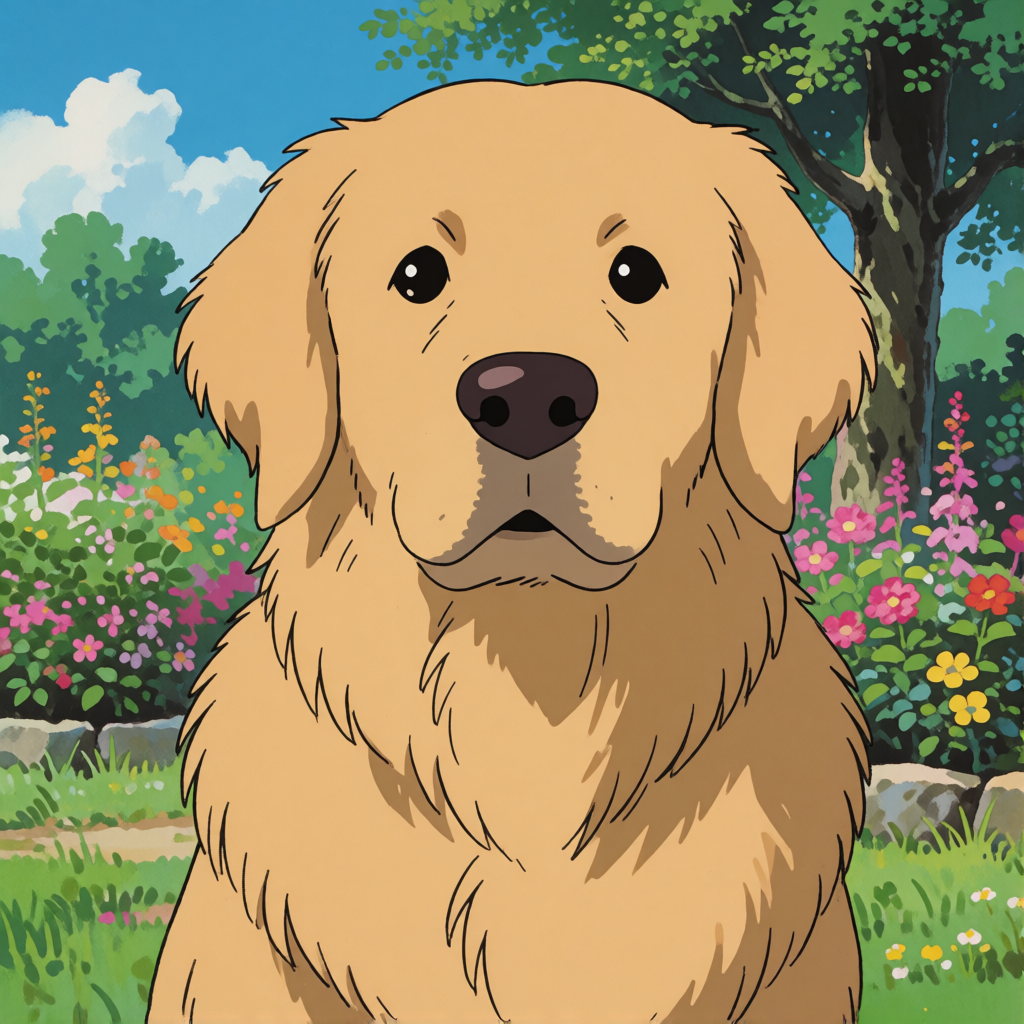 A golden retriever sitting in a garden, rendered in Japanese