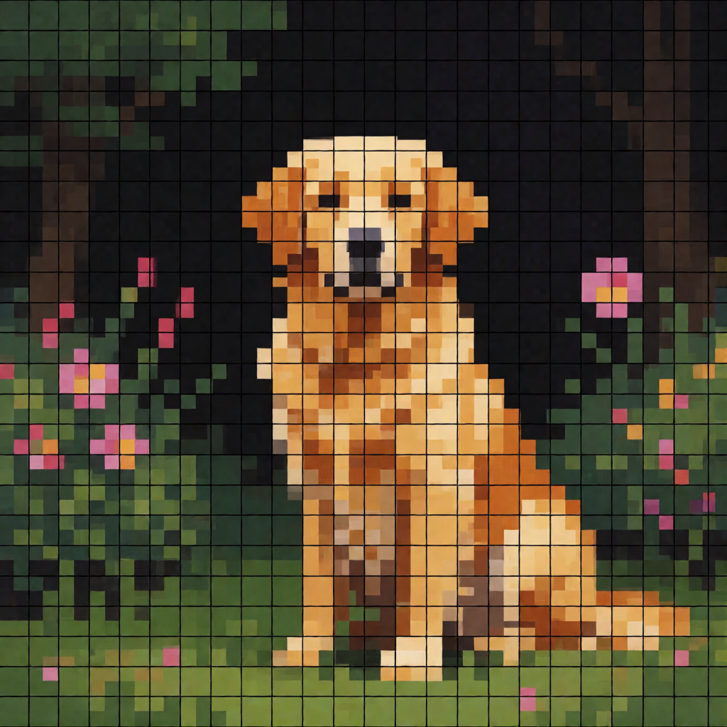A golden retriever sitting in a garden, rendered in pixel ar