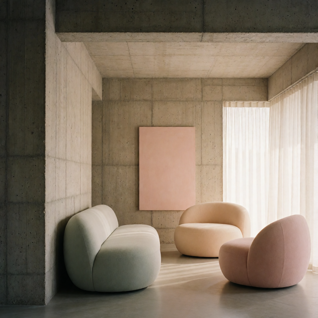 An interior scene rendered in soft brutalism — raw concrete