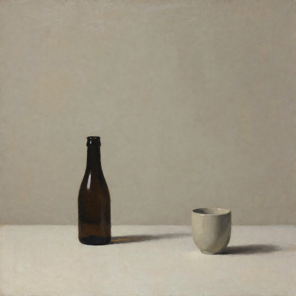 A still life painted in anxious minimalism — sparse composit