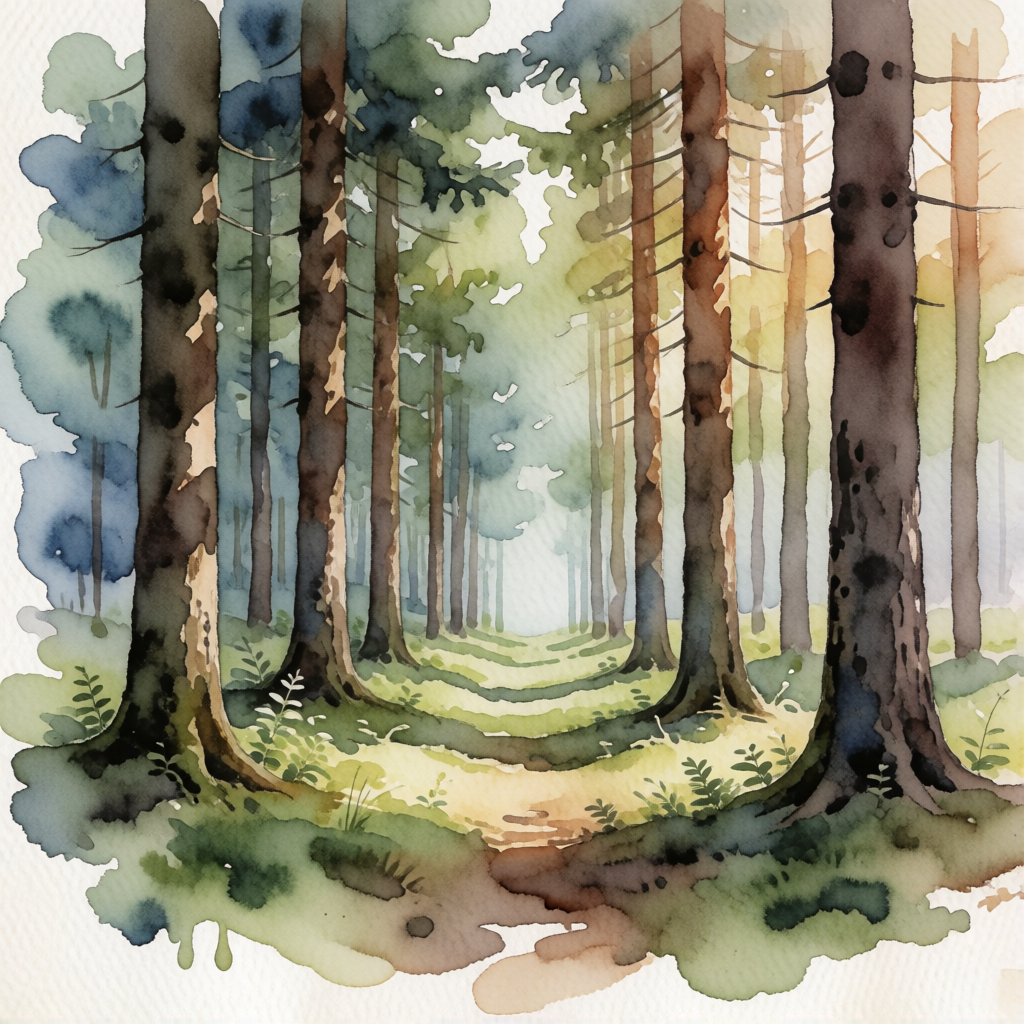 A forest rendered in photorealistic watercolor — the detail