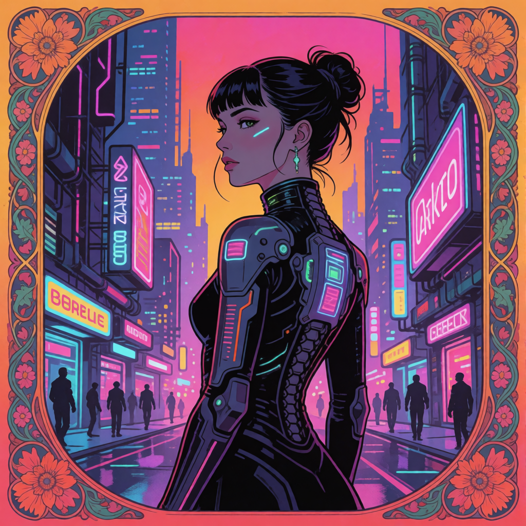 A woman in a futuristic city rendered in cyberpunk Art Nouve