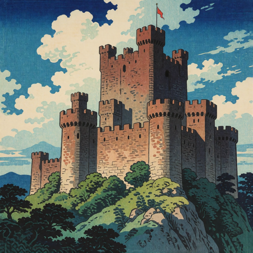 A medieval castle depicted in Japanese ukiyo-e woodblock pri