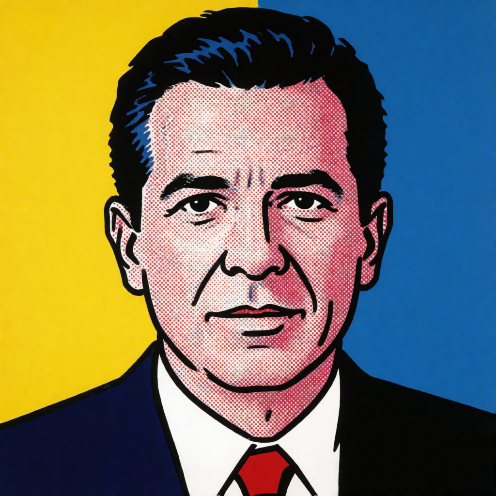 A portrait of a man in Pop Art style — bold outlines, Ben-Da