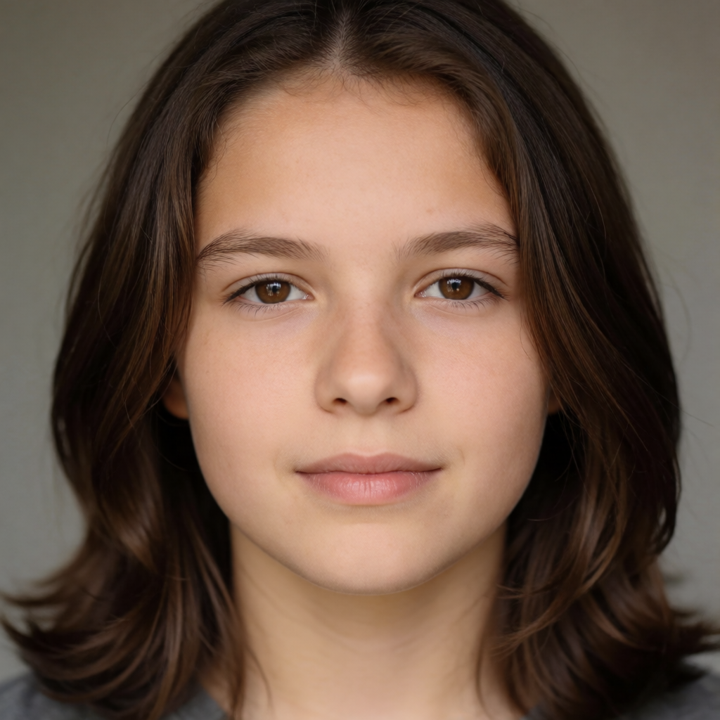 A headshot of a teenager with a relaxed, neutral face