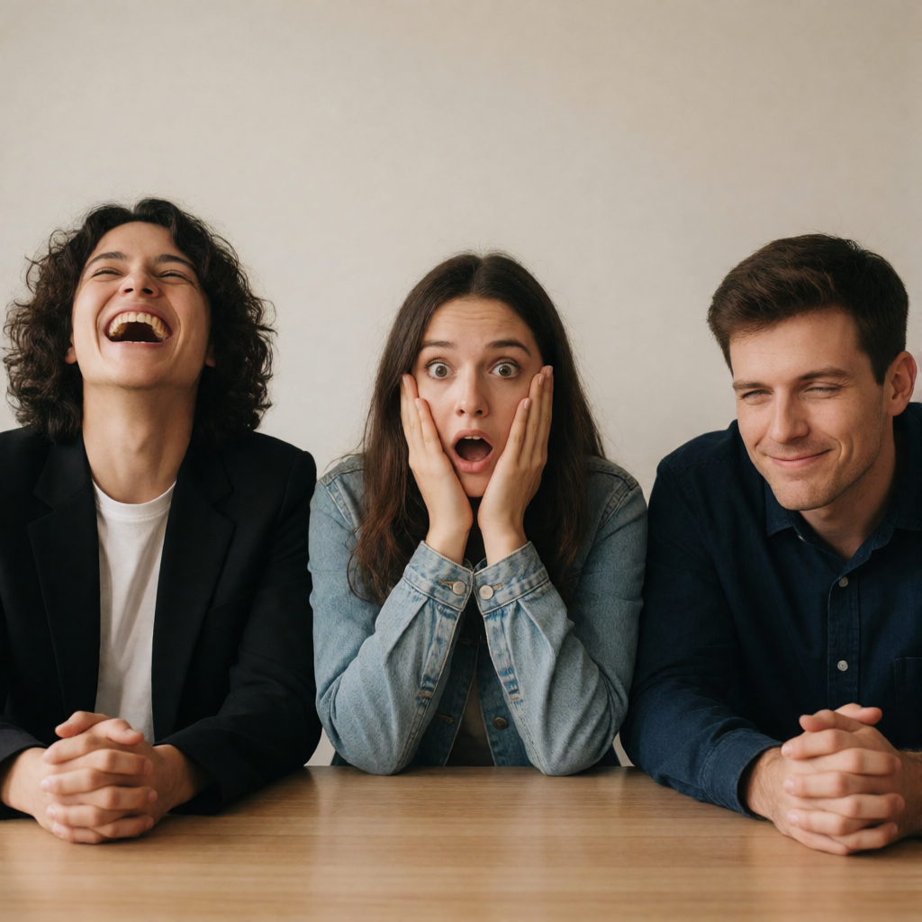 A group of three friends at a table: one laughing with head