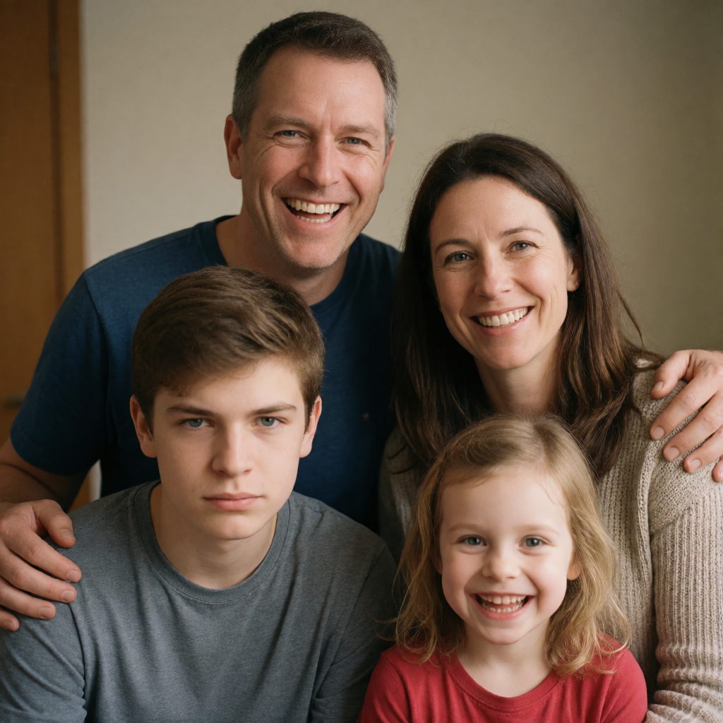 A family photo with four people: a father beaming with pride
