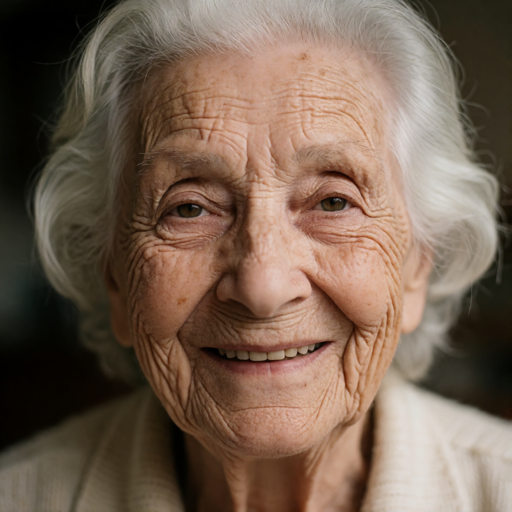 An elderly woman in her 80s with deep wrinkles and white hai