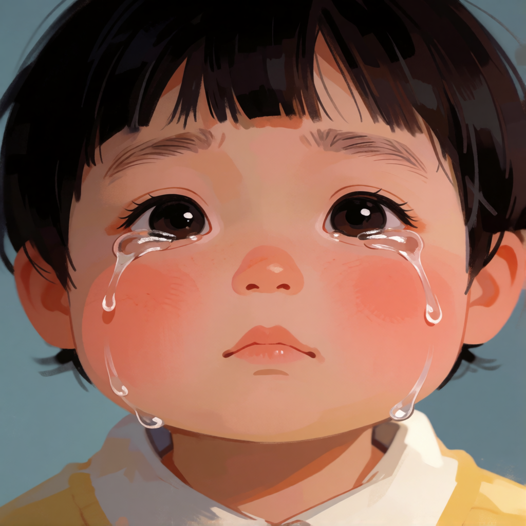 A 5-year-old child with round cheeks and large eyes, crying