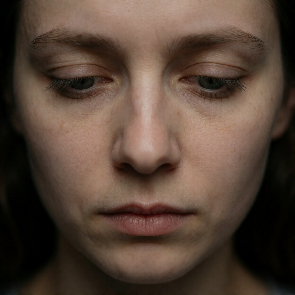 A face showing quiet melancholy — downcast eyes, slightly dr
