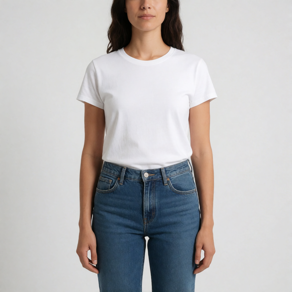A woman standing upright in a relaxed pose, arms at her side