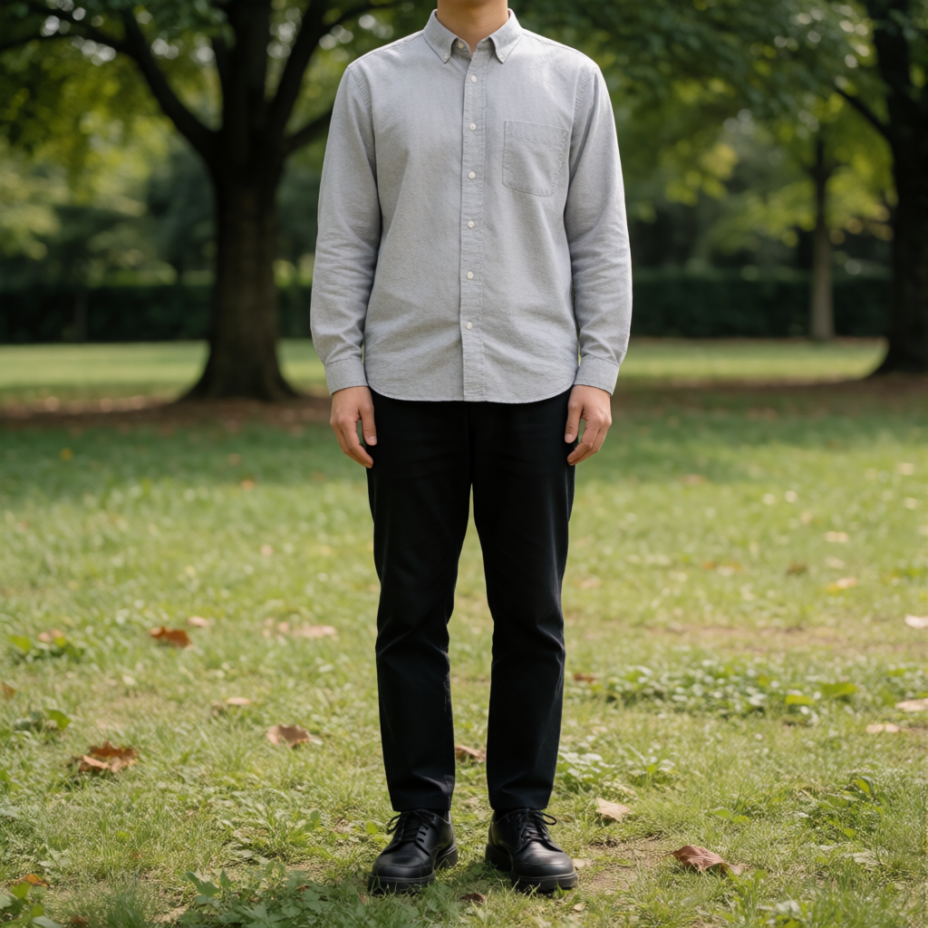 A person standing in a neutral pose in a park, full body vis