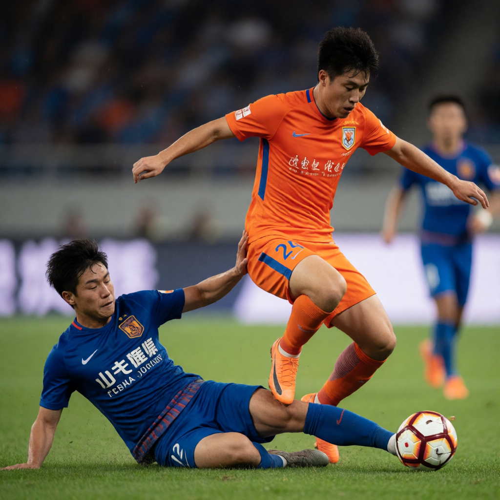 Two soccer players mid-tackle, one sliding and the other jum