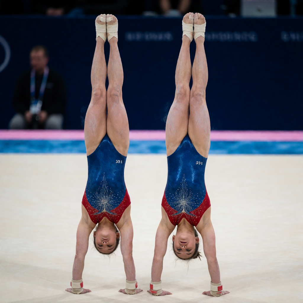 Two gymnasts performing a synchronized handstand, side by si