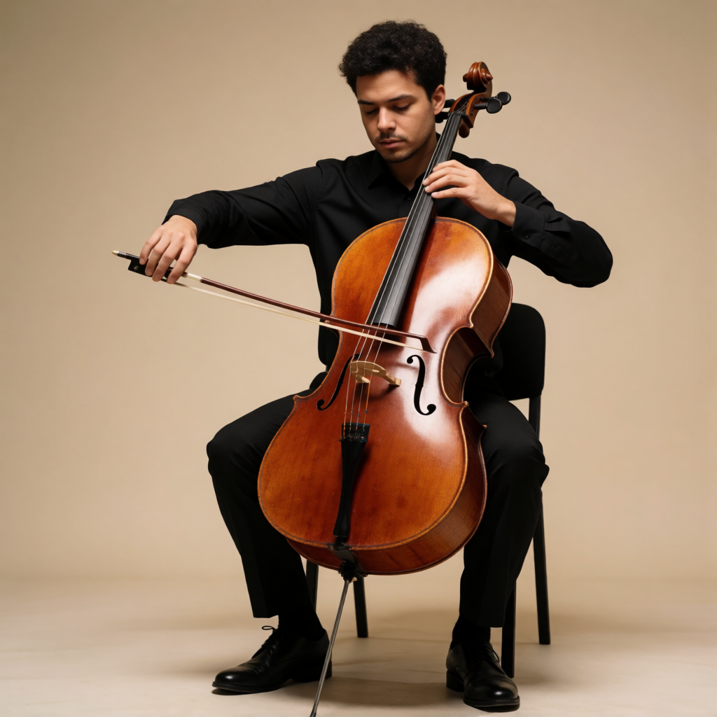 A cellist seated with correct posture, legs around the instr