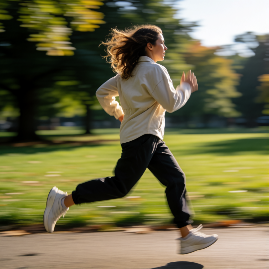 A woman mid-stride running through a park, hair and clothes