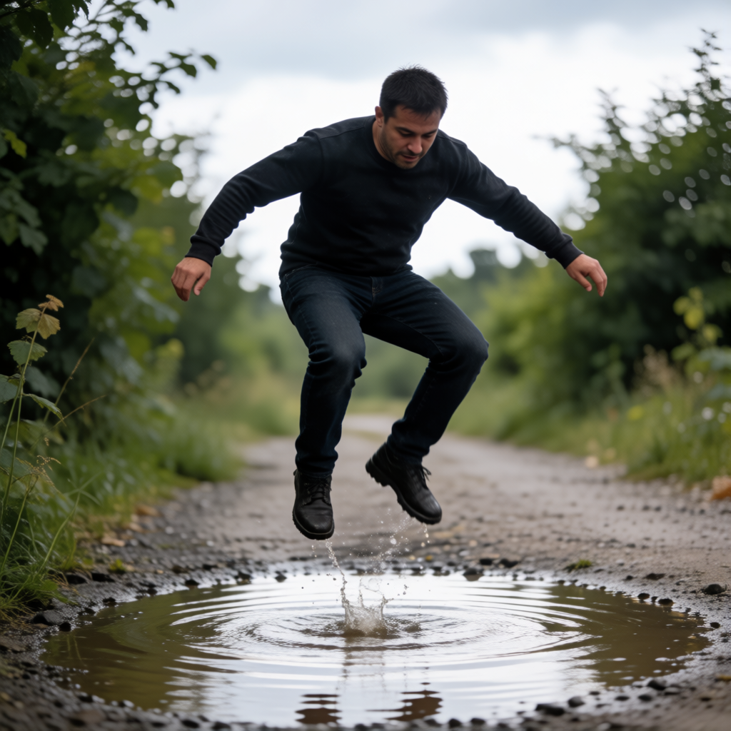 A man captured mid-jump over a puddle, body in the air with
