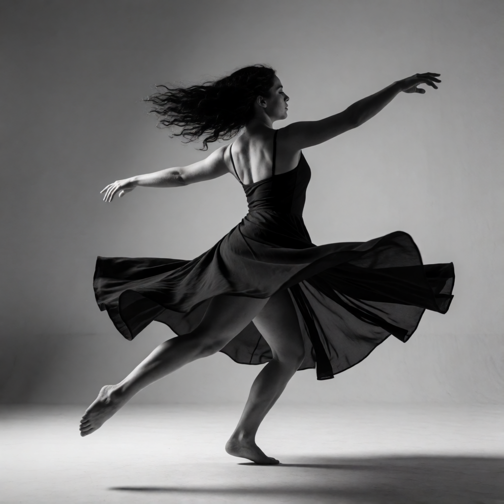 A dancer in a dynamic spin, dress flowing outward with one l