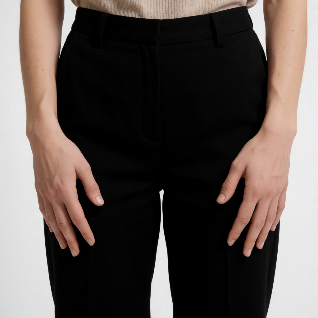 A person standing with both hands visible at their sides, fi