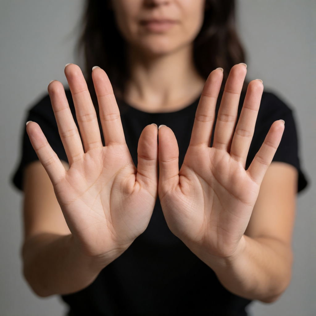A woman holding her hands out in front of her palms-up, all